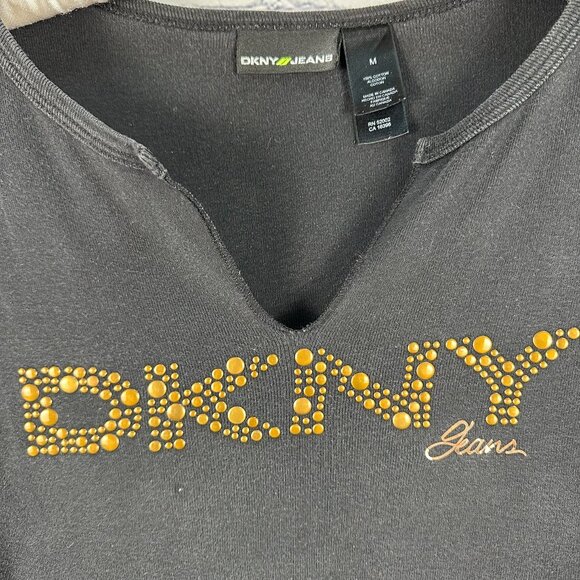 DKNY Women's Embellished Studded Logo V-Neck Cap Sleeve Tee,โ Size Medium, Black - Picture 3 of 7